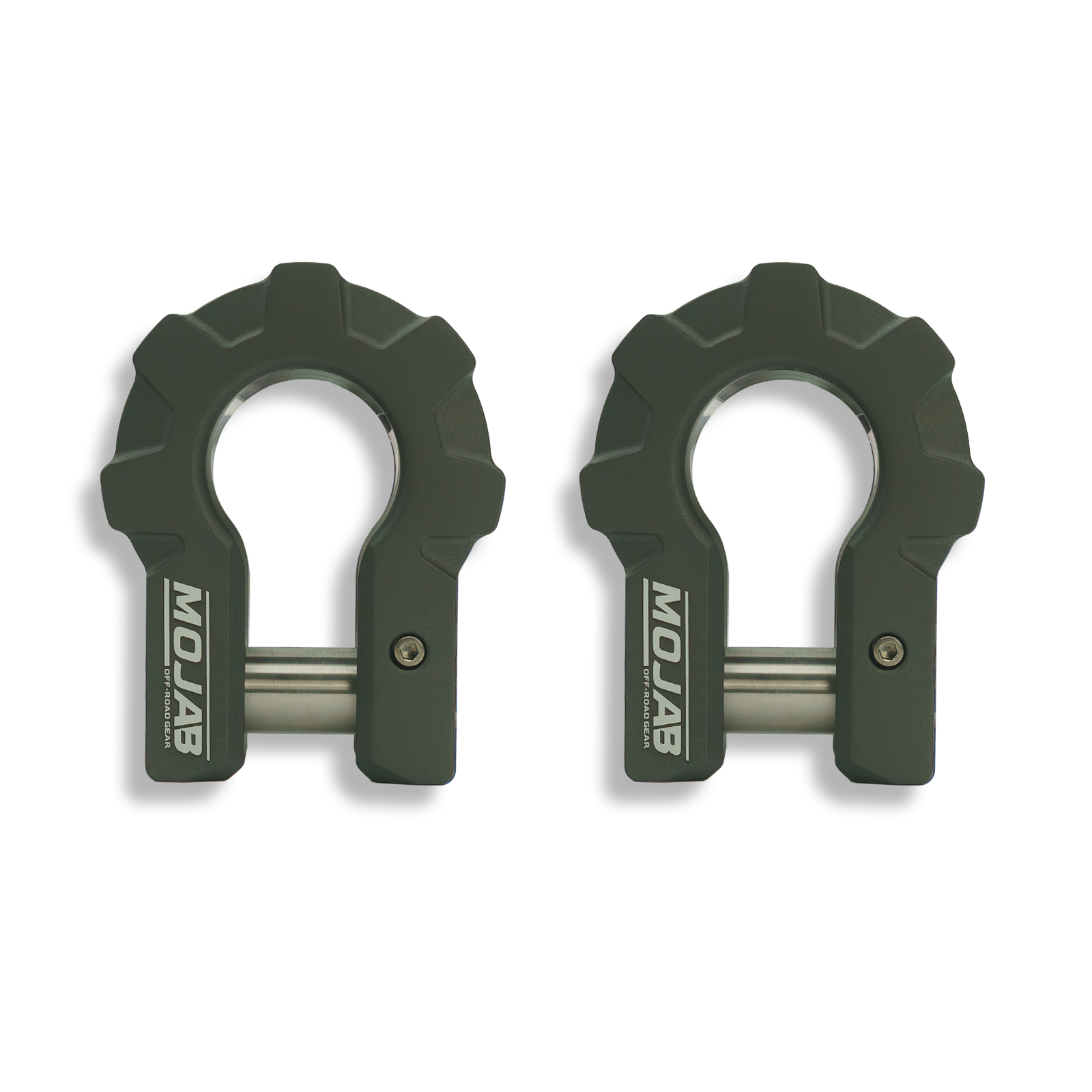 Red 3/4-inch MOJAB OFFROAD extreme duty aluminum D-shackle set with ceramic coating, 9-ton capacity, and lifetime warranty.