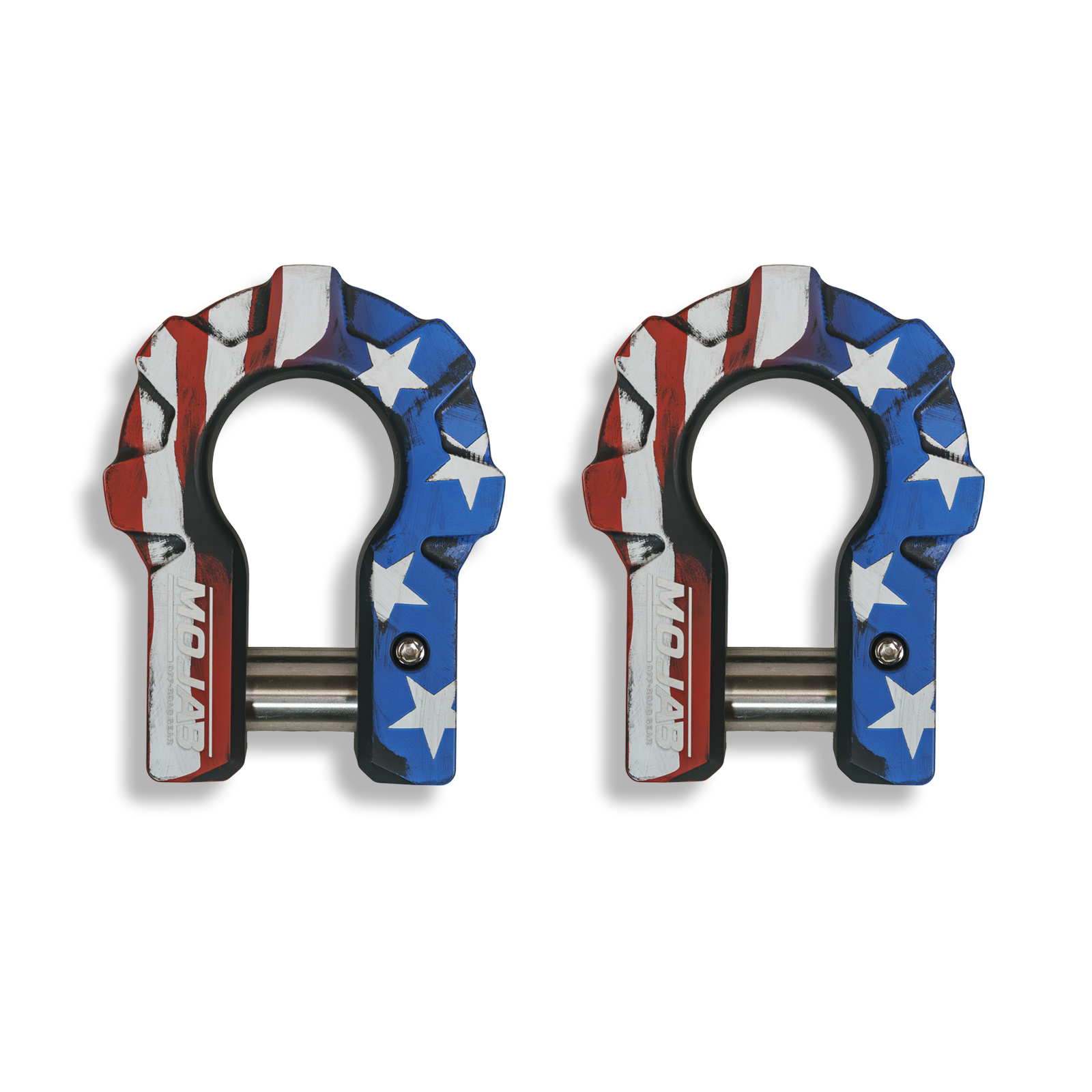 Red 3/4-inch MOJAB OFFROAD aluminum D-shackle set for extreme-duty recovery, ceramic coated with lifetime warranty.