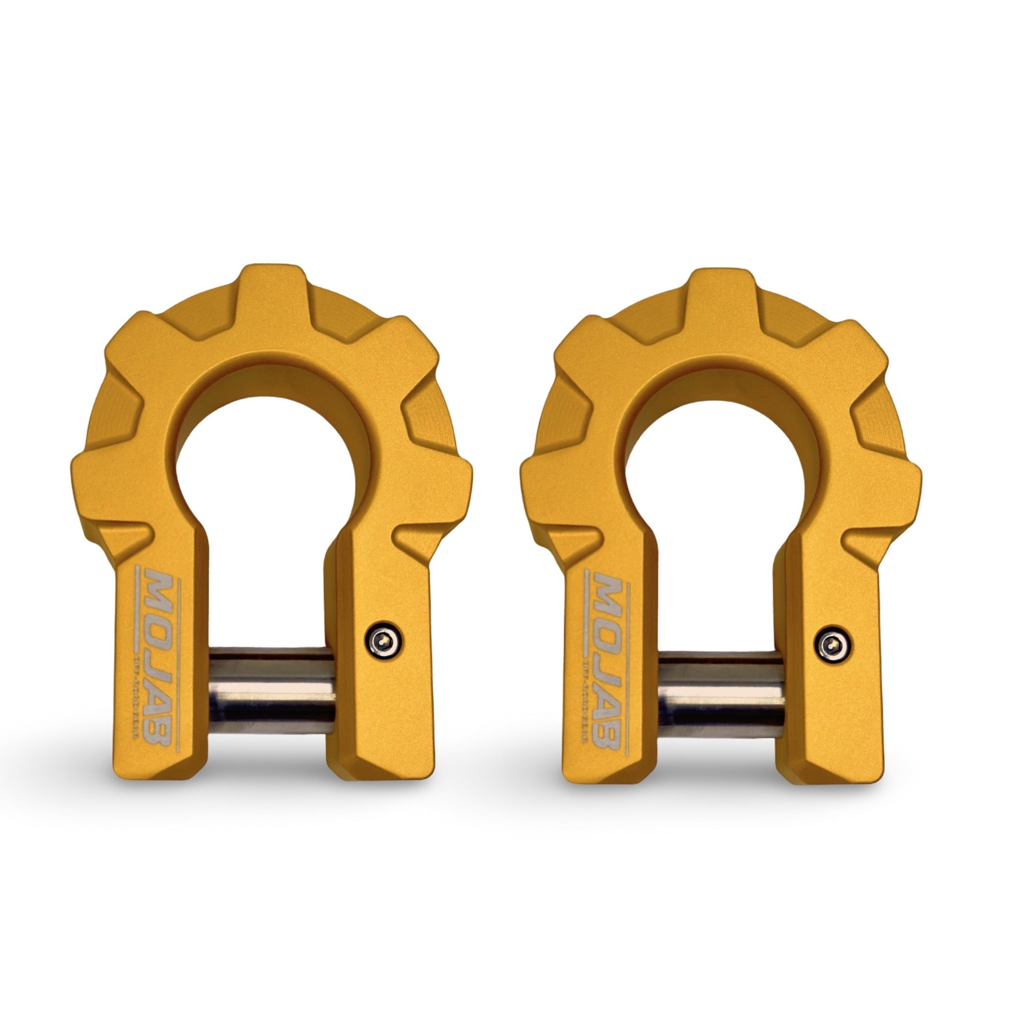 Red 3/4-inch extreme duty aluminum D-shackle set by MOJAB OFFROAD, ceramic coated with lifetime warranty, ideal for off-road recovery.