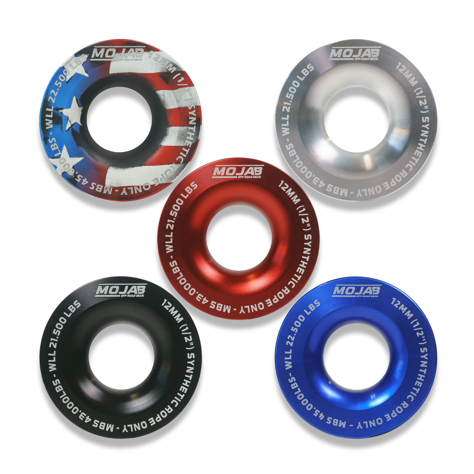 MOJAB OFFROAD snatch ring with American flag design, 3.8-inch diameter, durable steel construction, lifetime warranty