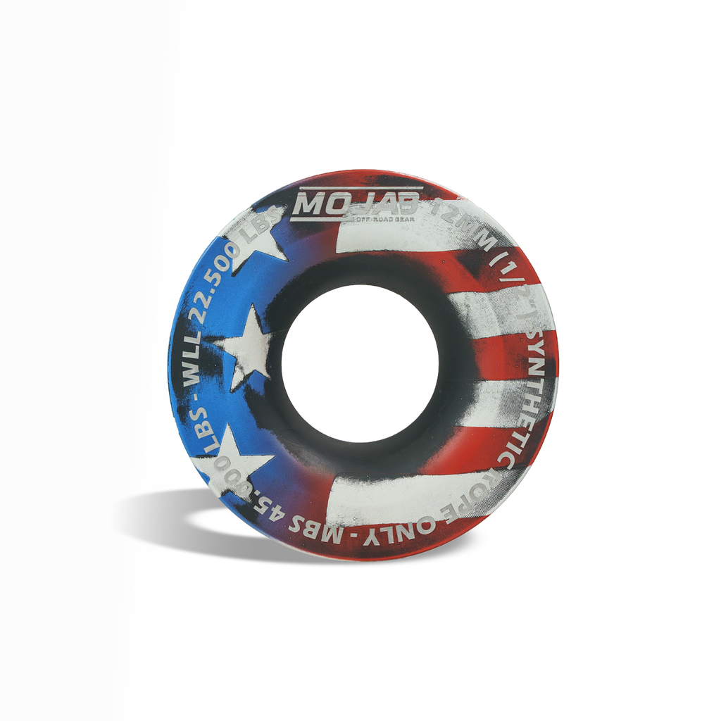 MOJAB OFFROAD snatch ring with American flag design, 3.8-inch diameter, durable steel construction, lifetime warranty