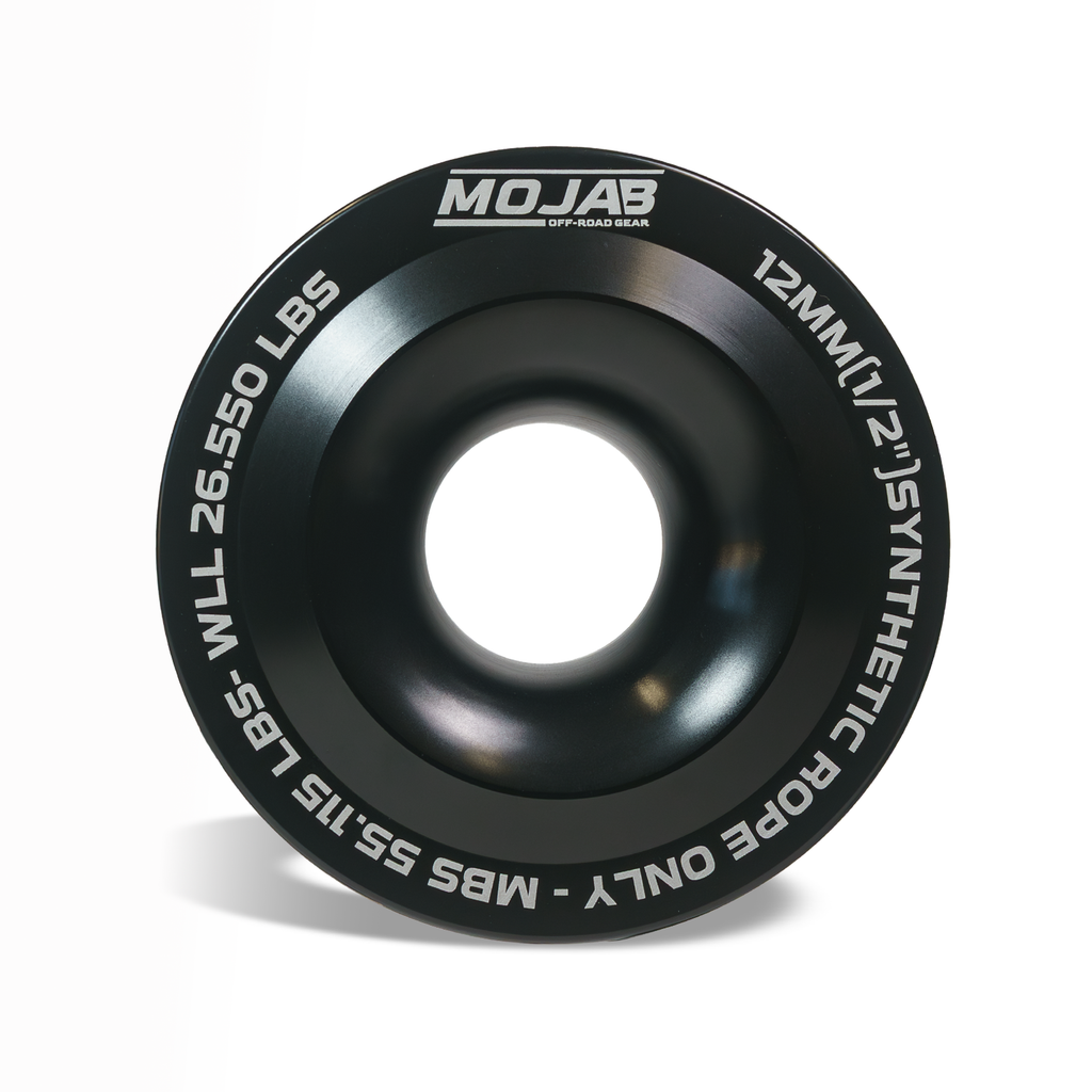 Black XL Snatch Ring from MOJAB OFFROAD, 4.7-inch diameter, durable steel with a lifetime warranty, designed for off-road recovery.