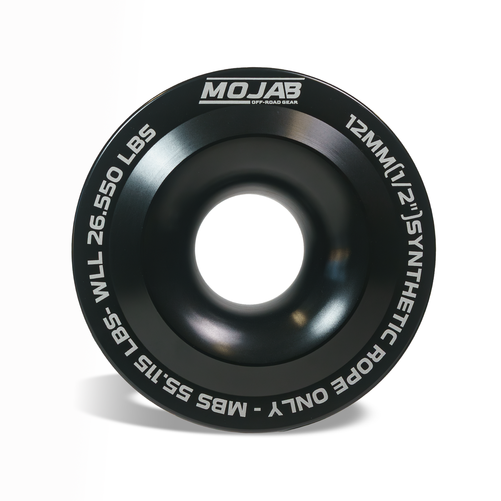 Black XL Snatch Ring from MOJAB OFFROAD, 4.7-inch diameter, durable steel with a lifetime warranty, designed for off-road recovery.