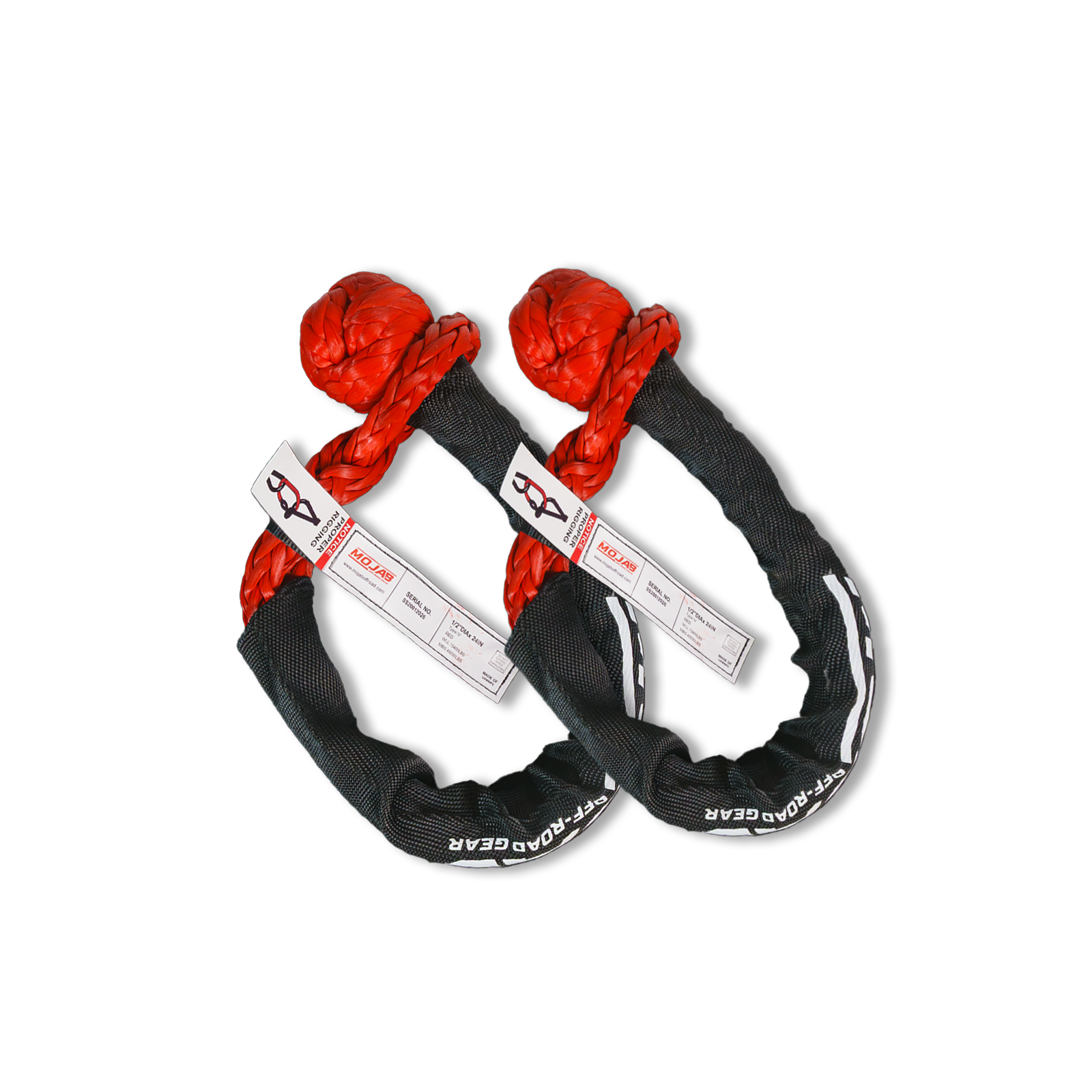 Set of two MOJAB OFFROAD red 1/2" x 24" soft shackles with sleeves and bags, durable off-road recovery gear with lifetime warranty.