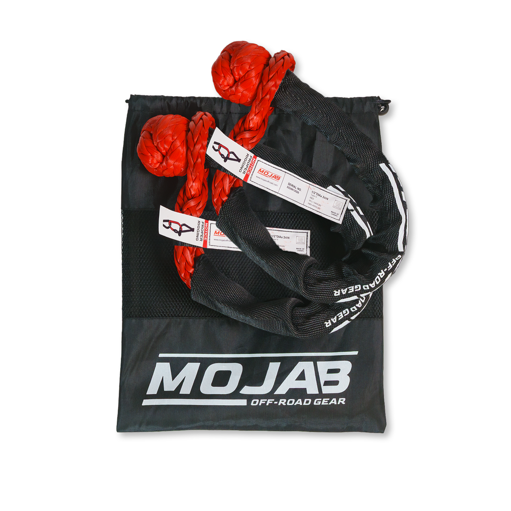 Set of two MOJAB OFFROAD red soft shackles, 1/2 inch by 24 inches with sleeves and storage bags, durable off-road recovery gear.