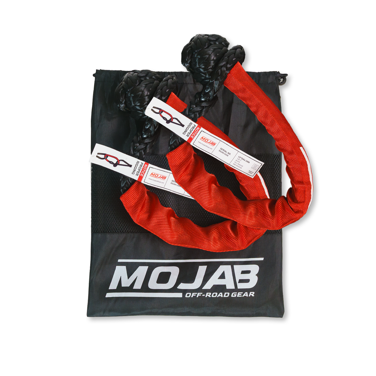 Pair of MOJAB OFFROAD red 1/2" x 24" soft shackles with sleeves, durable off-road recovery gear set of 2.