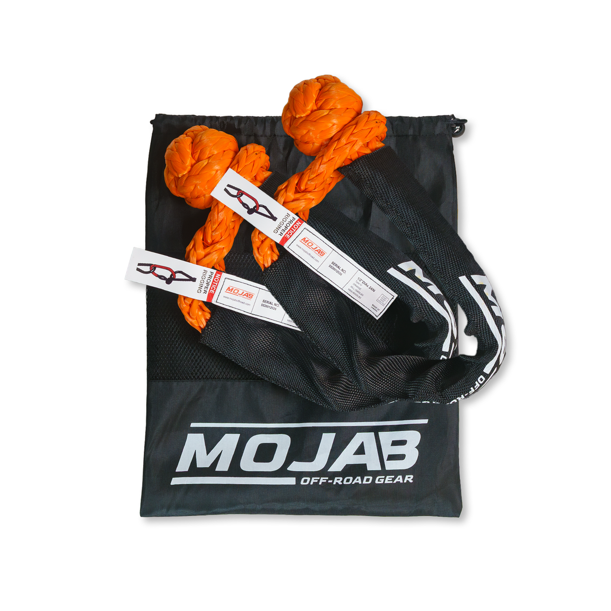 Set of two MOJAB OFFROAD red soft shackles, 1/2 inch by 24 inches, with sleeves and storage bags for off-road recovery.