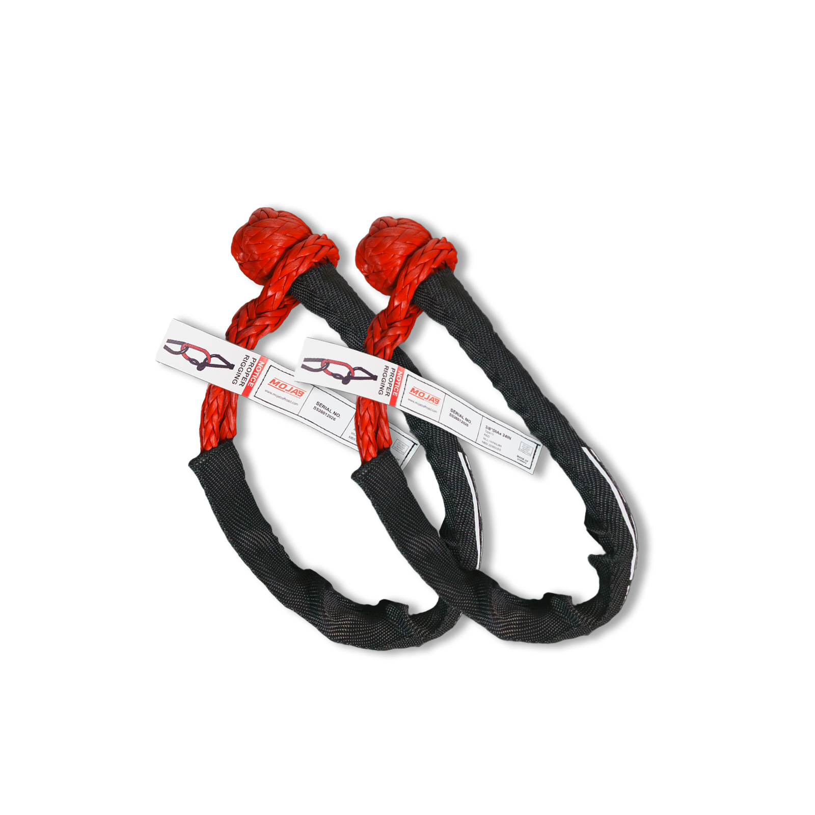 Set of two MOJAB OFFROAD red soft shackles, 3/8” x 24”, with sleeves and storage bags, durable off-road recovery gear.