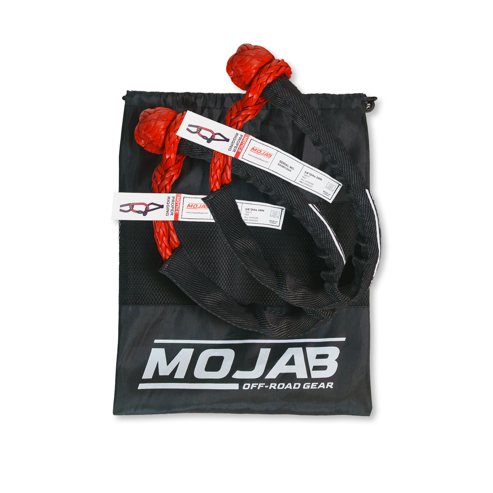 Red MOJAB OFFROAD soft shackles, 3/8” x 24” with sleeves and bags, set of 2 durable off-road recovery shackles.