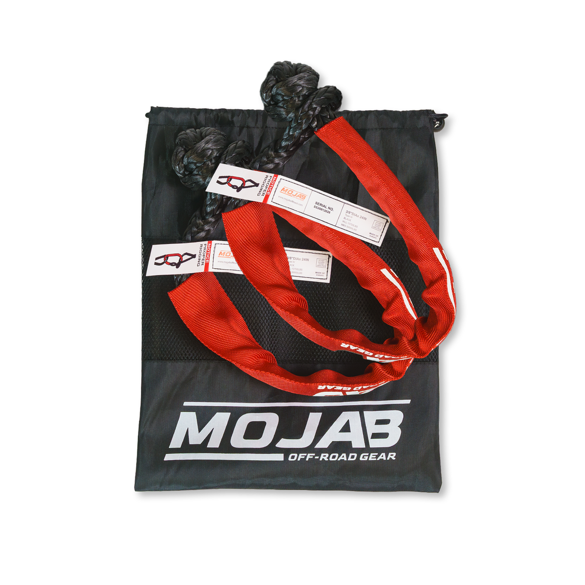 Red MOJAB OFFROAD Soft Shackle 3/8" x 24" set of 2 with sleeve and bag, durable off-road recovery gear for vehicles.