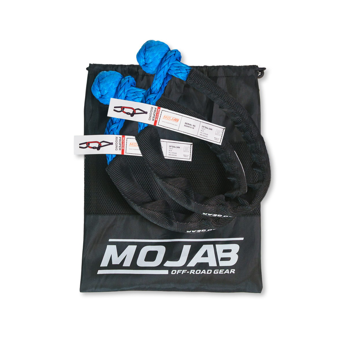 Pair of MOJAB OFFROAD red soft shackles, 3/8 inch x 24 inches with sleeves, set of 2 for off-road recovery and towing.