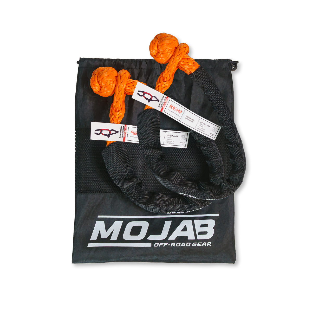 Set of two red MOJAB OFFROAD soft shackles, 3/8” x 24”, with sleeves and carrying bag, durable off-road recovery gear