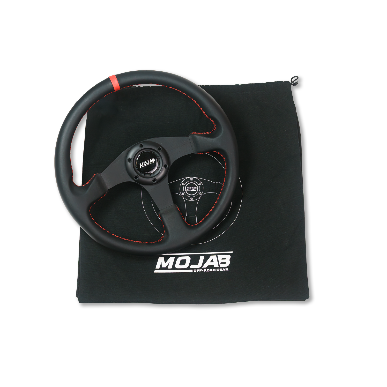 13.5-inch MOJAB OFFROAD flat steering wheel with leather or suede cover, showcasing a sleek, durable design for off-road vehicles.