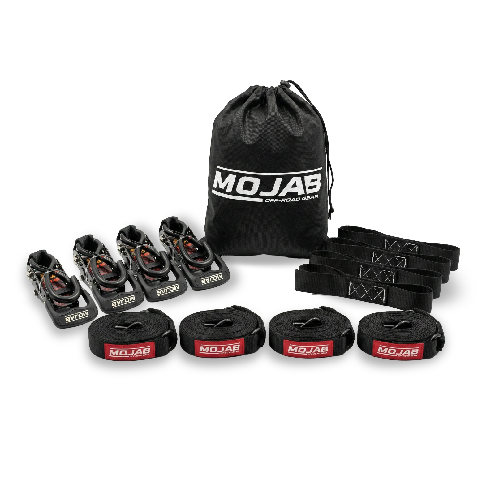 MOJAB OFFROAD 1.6" x 15' ratchet tie-down set with closed hooks, pack of 4, durable straps for securing loads.