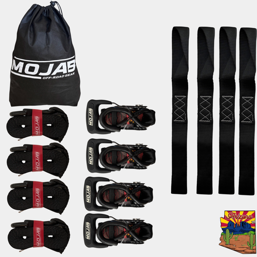MOJAB OFFROAD 1.6" x 15' ratchet tie-down set with closed hooks, pack of 4, durable straps for secure cargo fastening.