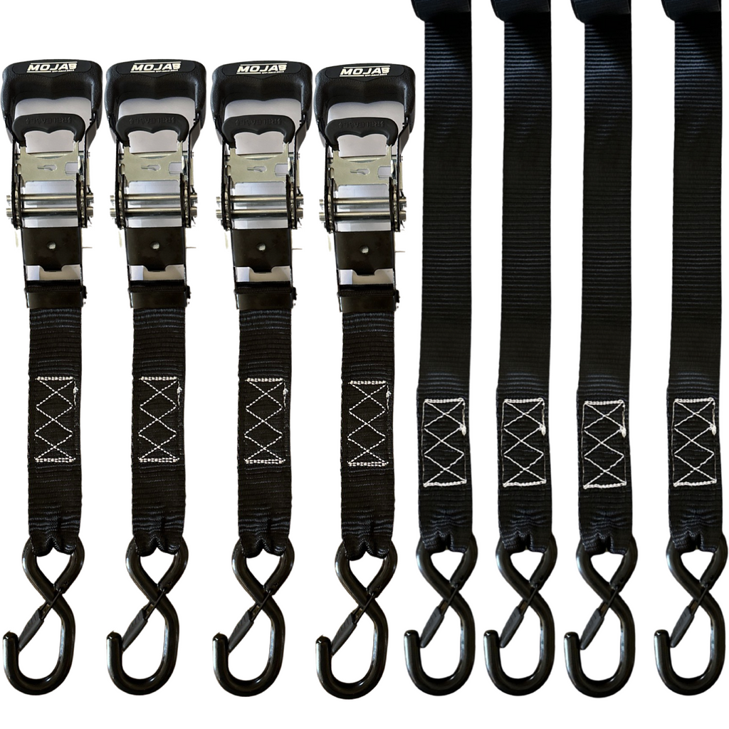MOJAB OFFROAD 1.6" x 15' ratchet tie-down set with closed hooks, pack of 4 for securing cargo with lifetime warranty