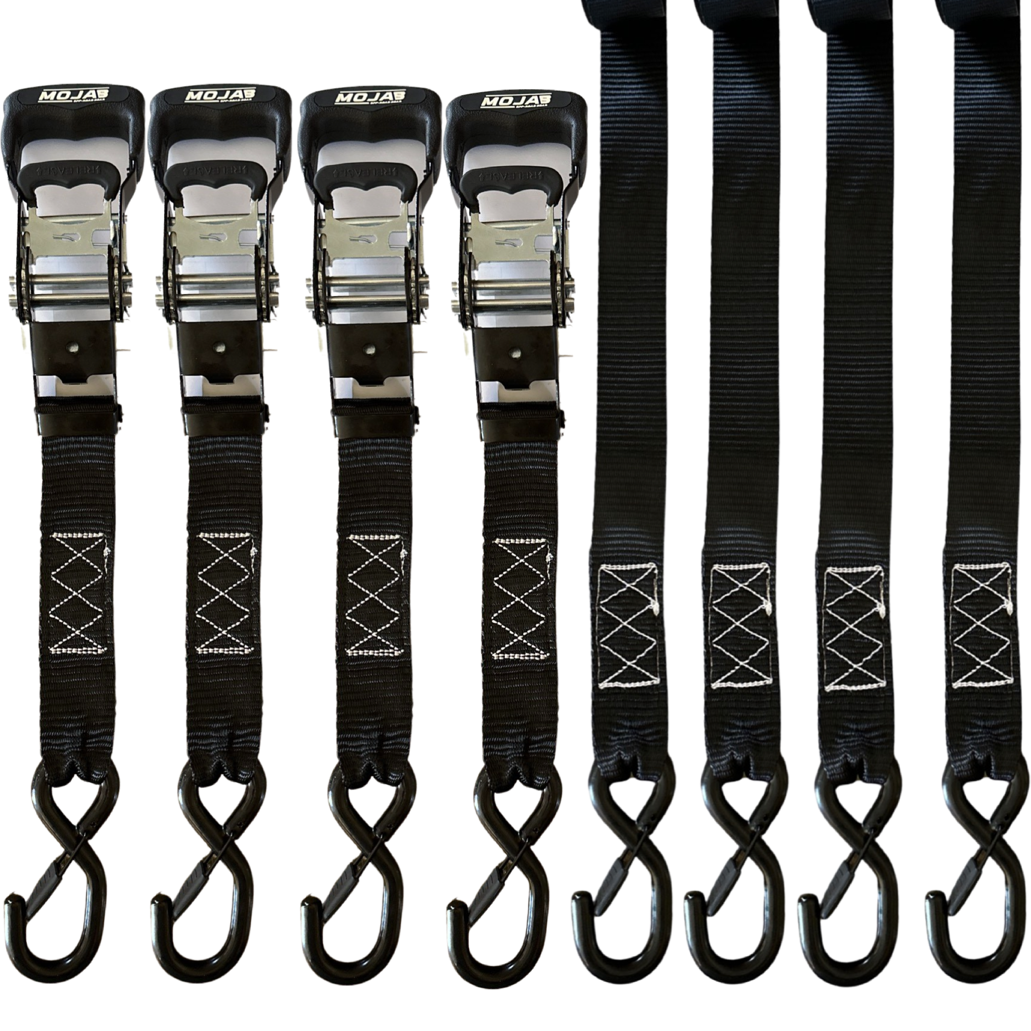 MOJAB OFFROAD 1.6" x 15' ratchet tie-down set with closed hooks, pack of 4 for securing cargo with lifetime warranty