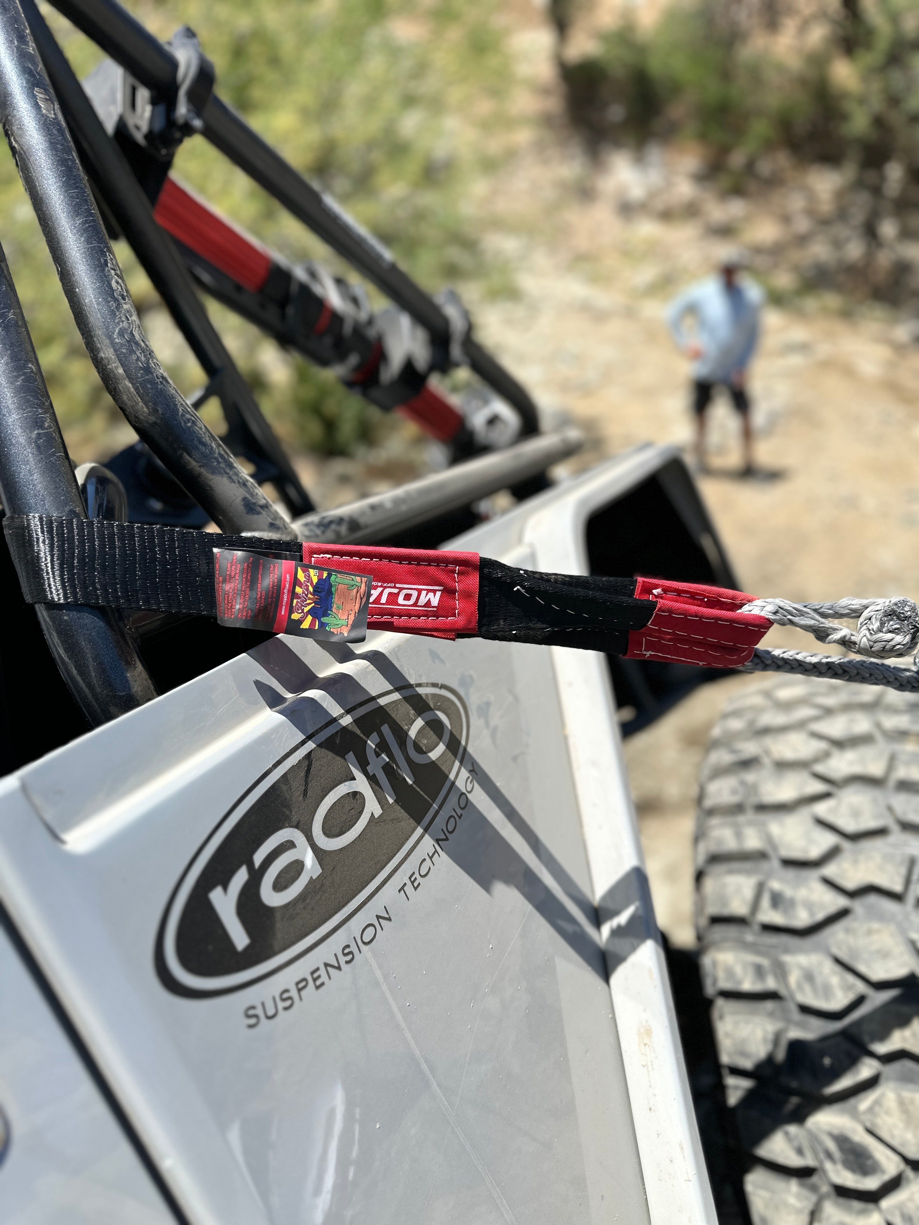 MOJAB OFFROAD 2x4-inch short tow strap with winch strap design, durable material, and lifetime warranty for vehicle recovery.