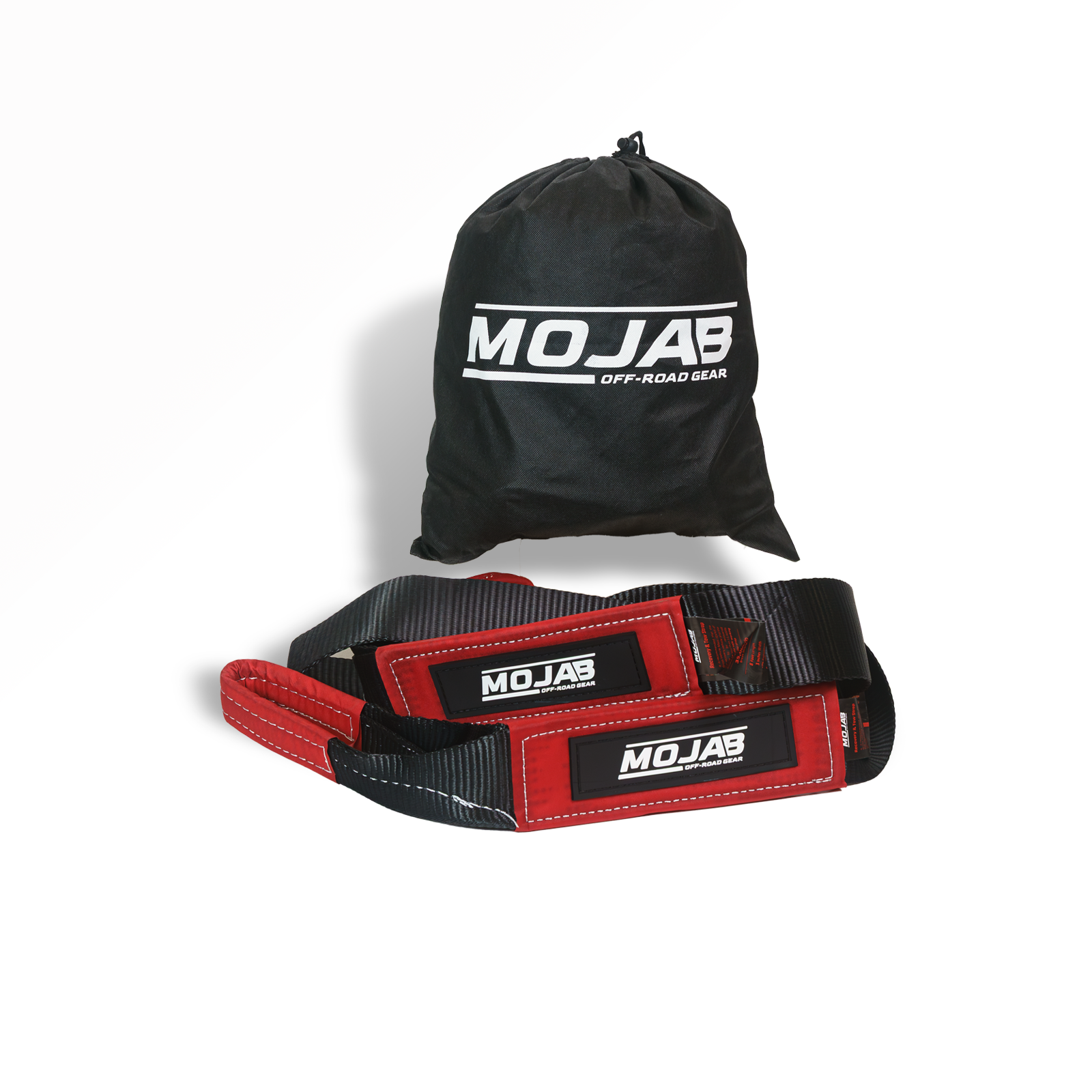 MOJAB OFFROAD 3-inch by 8-foot tree saver tow strap with winch strap detail, durable nylon construction, and lifetime warranty.