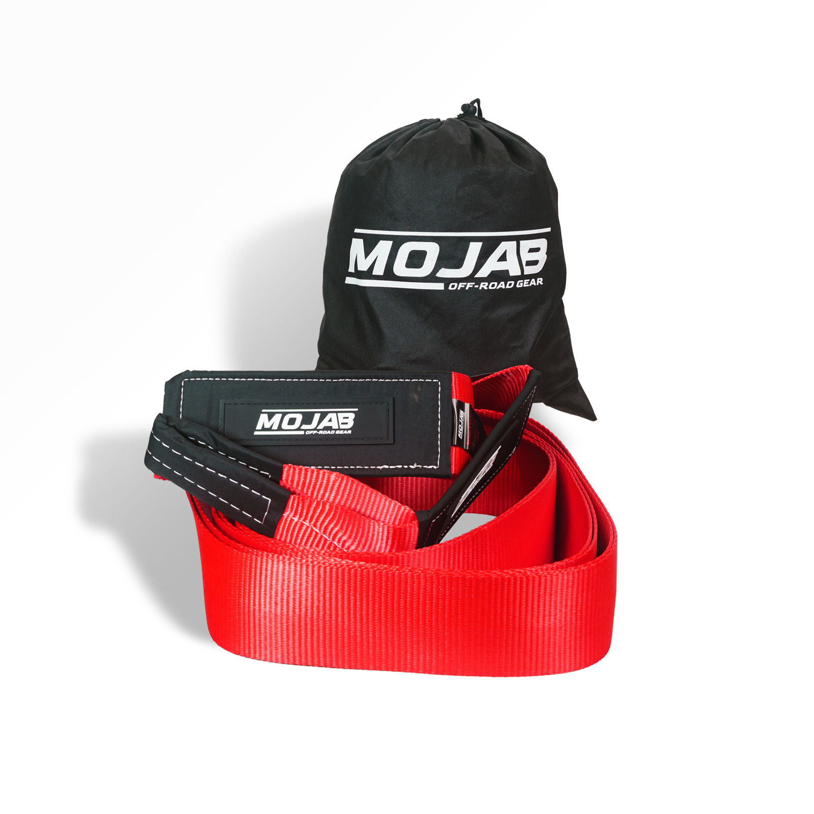 MOJAB OFFROAD 4-inch x 30-foot tow strap with winch strap design, durable nylon construction, and lifetime warranty.