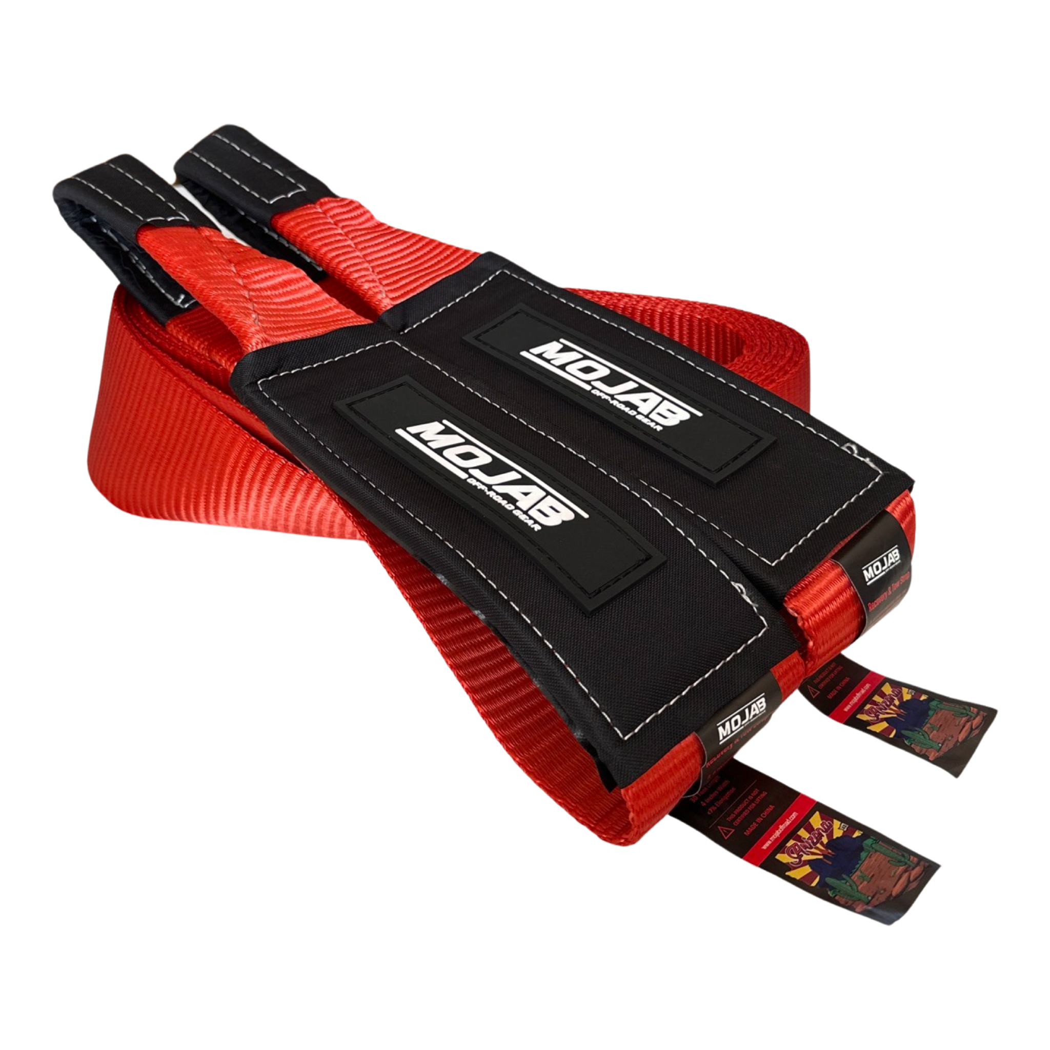MOJAB OFFROAD 4-inch by 30-foot tow strap with winch strap design, durable with lifetime warranty, shown laid out on a surface.