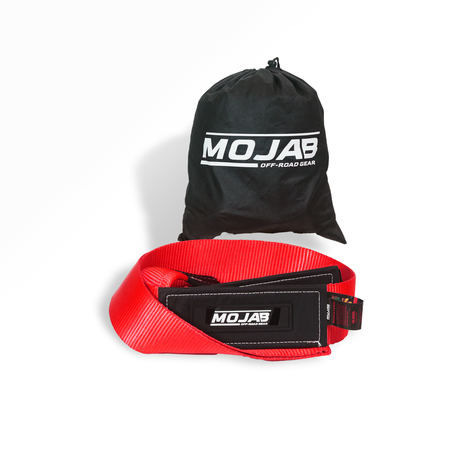 MOJAB OFFROAD 4x10' Tree Saver Tow Strap with reinforced ends for vehicle recovery and winching, lifetime warranty included.