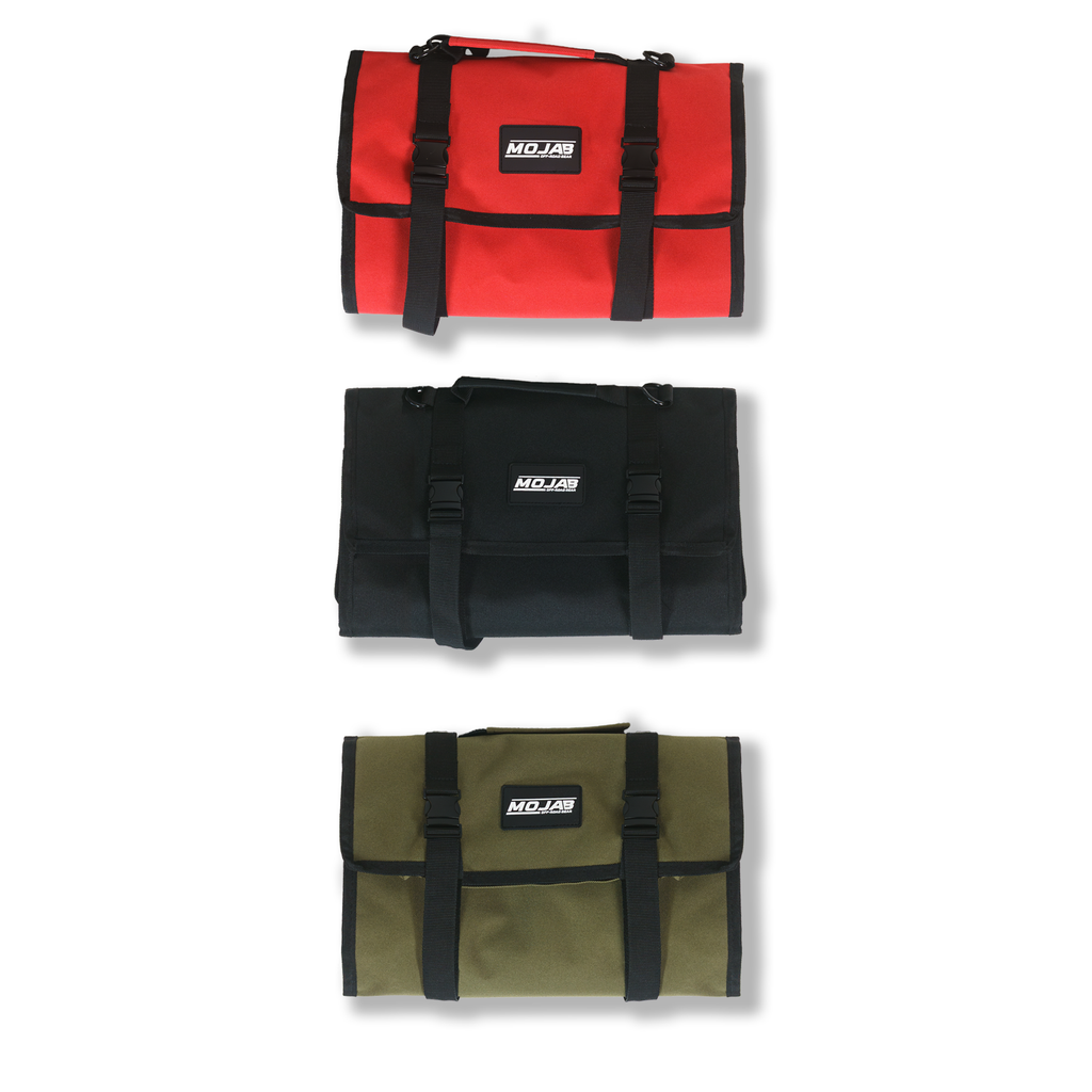 Red MOJAB OFFROAD medium canvas trail bag with removable pouches for tool organization and storage.