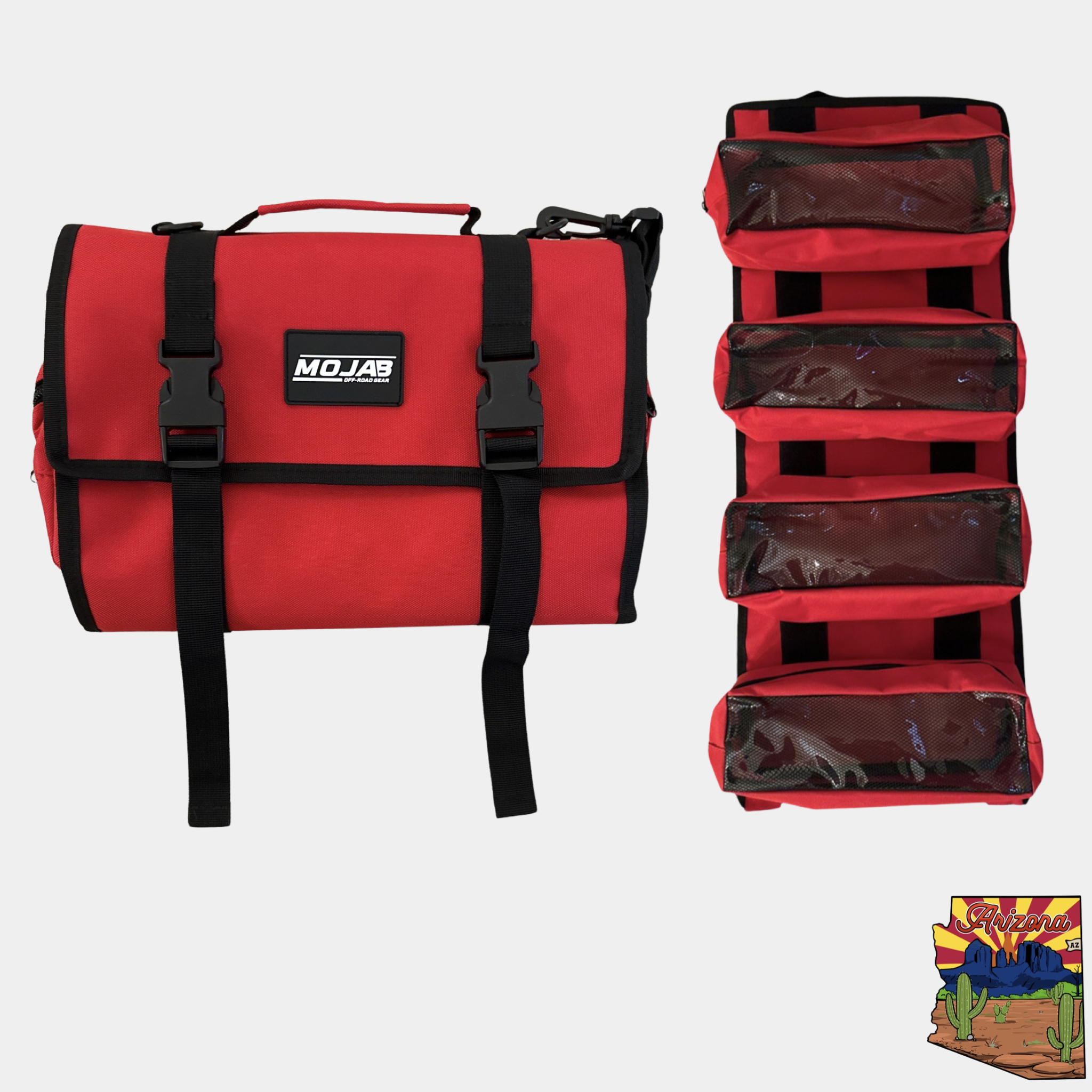 Red MOJAB OFFROAD medium canvas trail bag with removable pouches for tool organization and storage.
