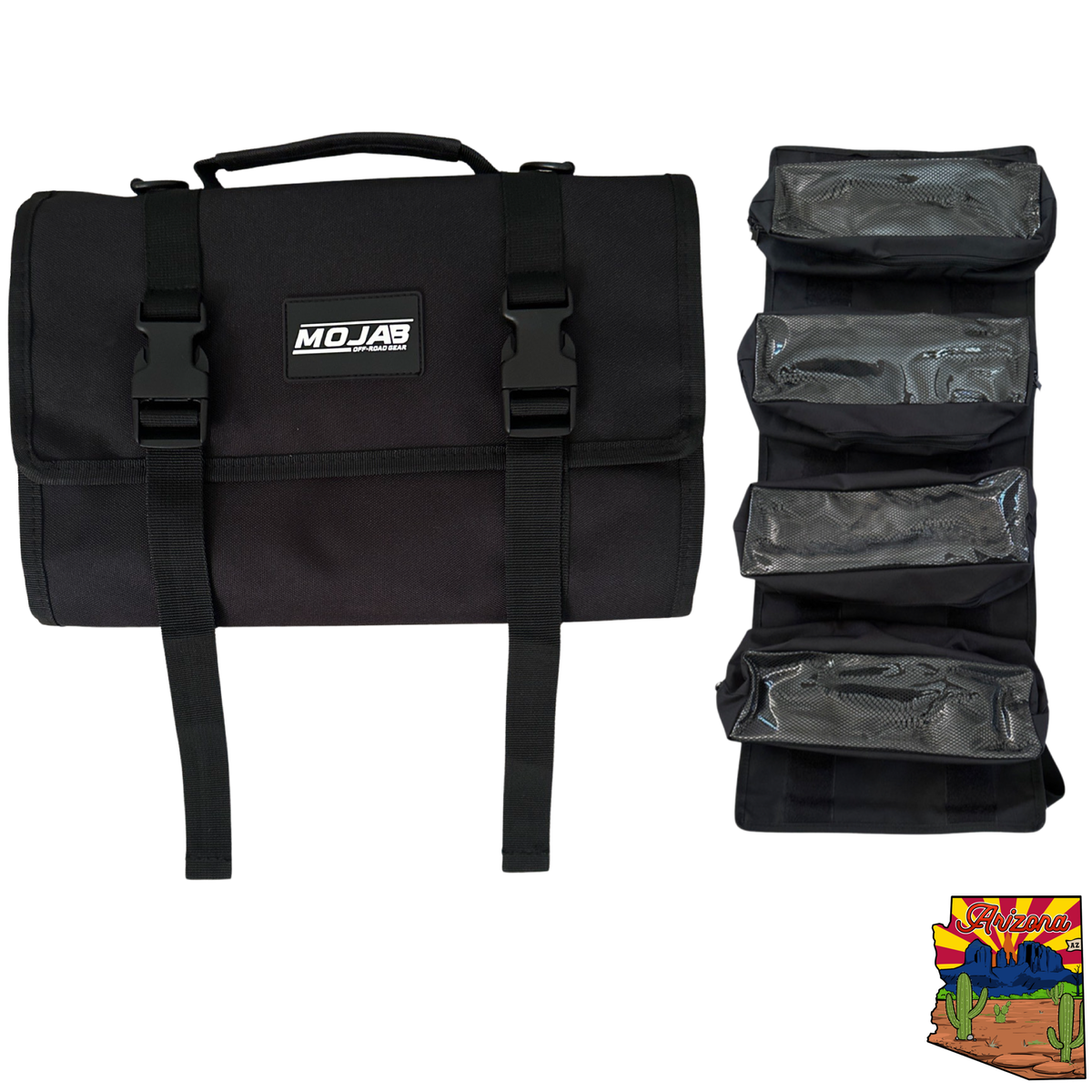 Medium red MOJAB OFFROAD canvas trail bag with removable pouches for tool organization and storage.