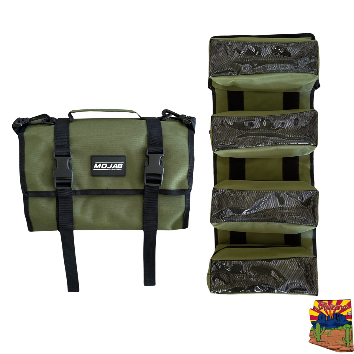 Red MOJAB OFFROAD medium canvas trail bag with removable pouches for tool organization, shown with multiple compartments and sturdy handles.