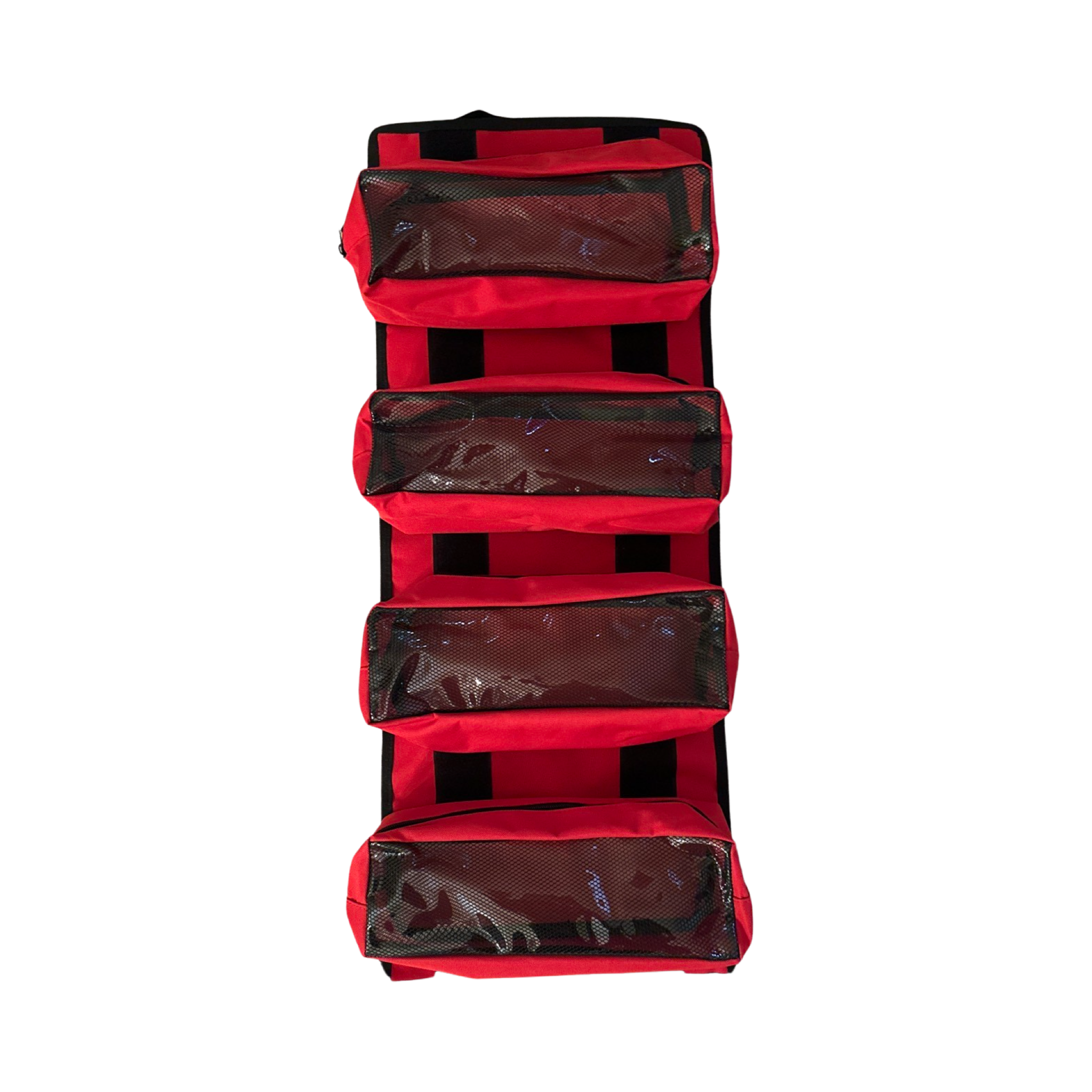 Medium red MOJAB OFFROAD canvas trail bag with removable pouches for tool organization and storage.
