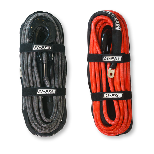 Red 1/2-inch by 78-foot double braided MOJAB OFFROAD winch rope with removable forged hook for heavy-duty vehicle recovery.