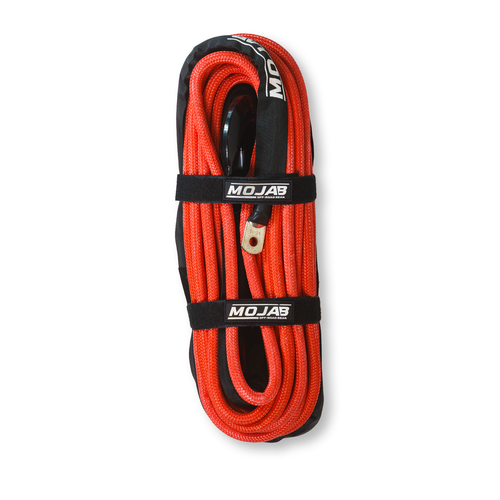 Red 1/2-inch x 78-foot double braided MOJAB OFFROAD winch rope with removable forged hook for heavy-duty recovery.