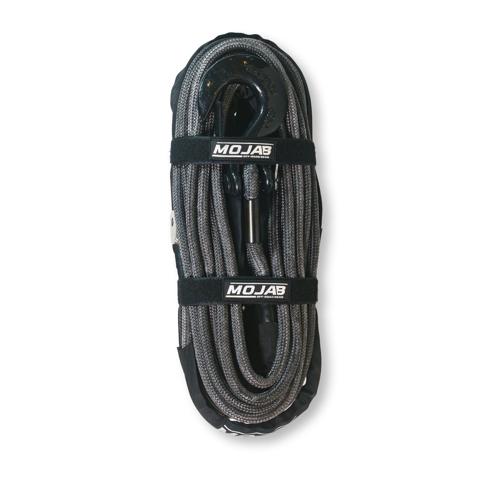 Red 1/2 inch by 78-foot double braided MOJAB OFFROAD winch rope with removable forged hook, designed for durable pulling power.