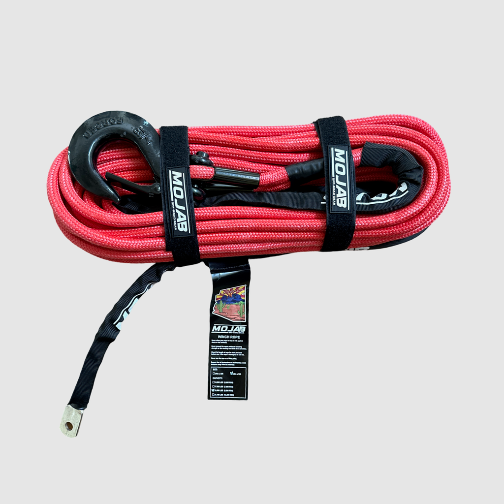 Red 1/2-inch by 78-foot double braided winch rope with removable forged hook from MOJAB OFFROAD, designed for heavy-duty vehicle recovery.