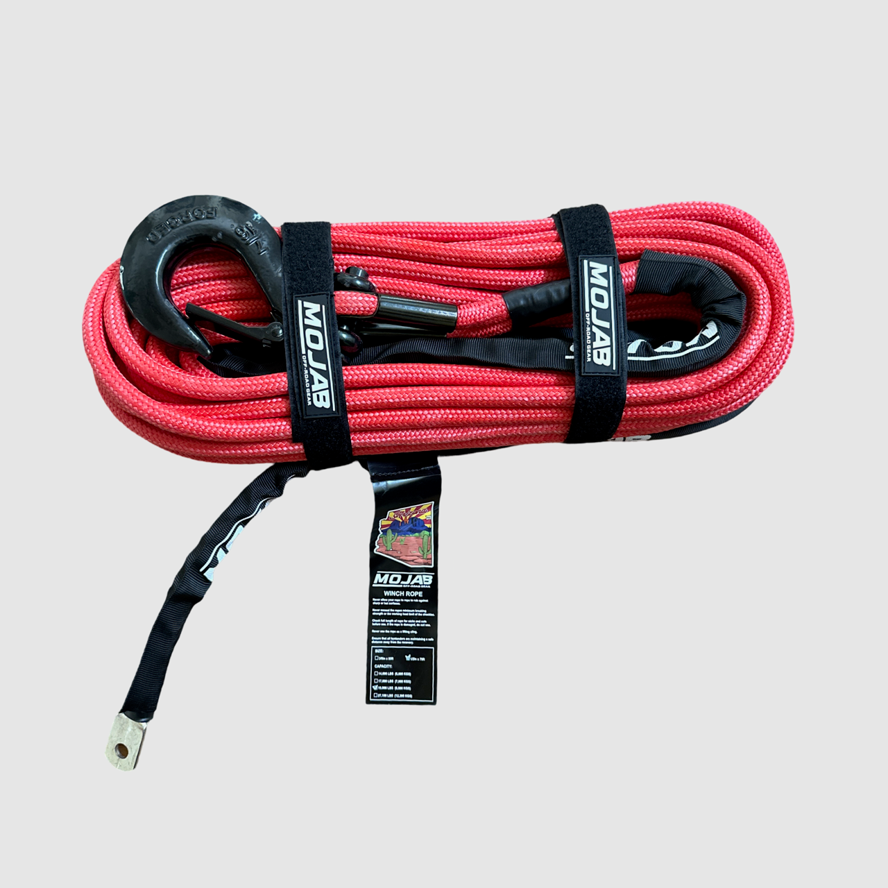 Red 1/2-inch by 78-foot double braided winch rope with removable forged hook from MOJAB OFFROAD, designed for heavy-duty vehicle recovery.