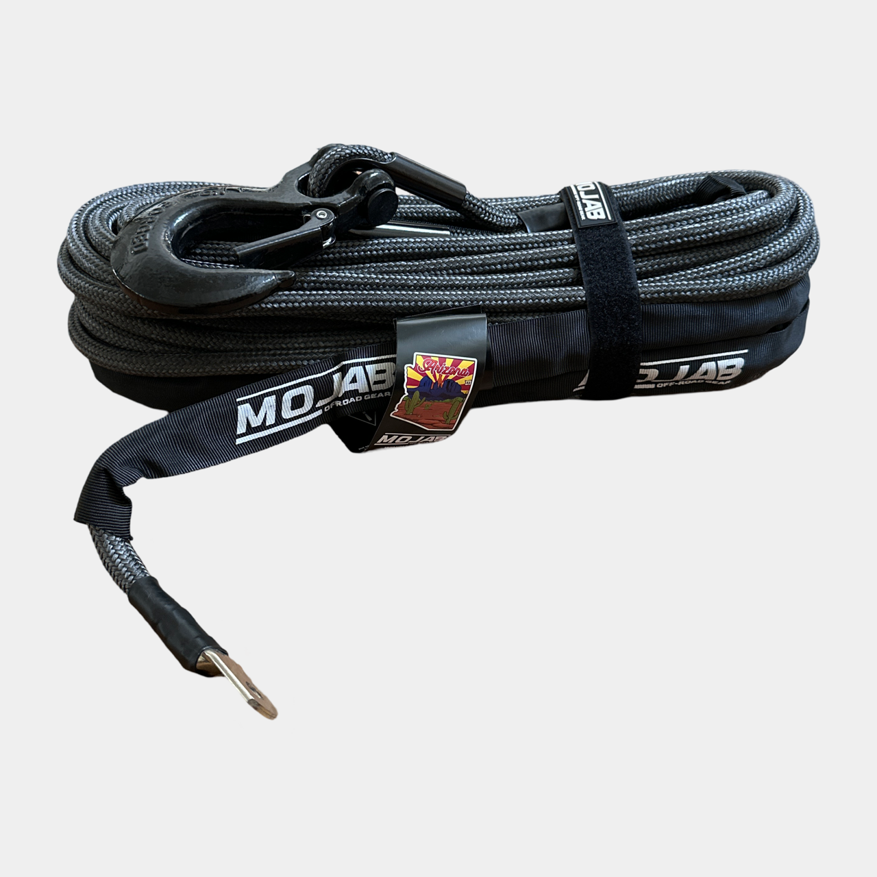 Red 1/2 inch x 78 ft double braided MOJAB OFFROAD winch rope with removable forged hook, designed for heavy-duty vehicle recovery.