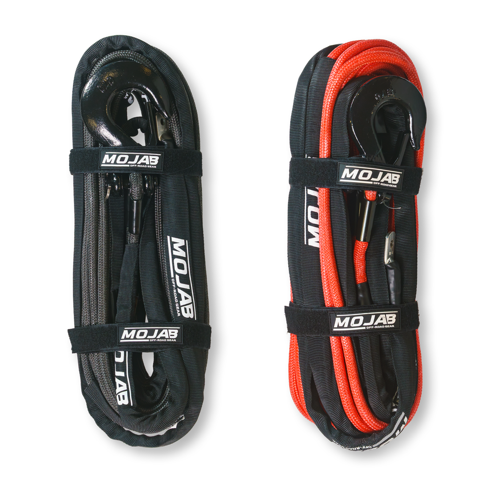 Red 3/8-inch by 85-foot double braided winch rope with removable forged hook, designed for off-road recovery and winching.