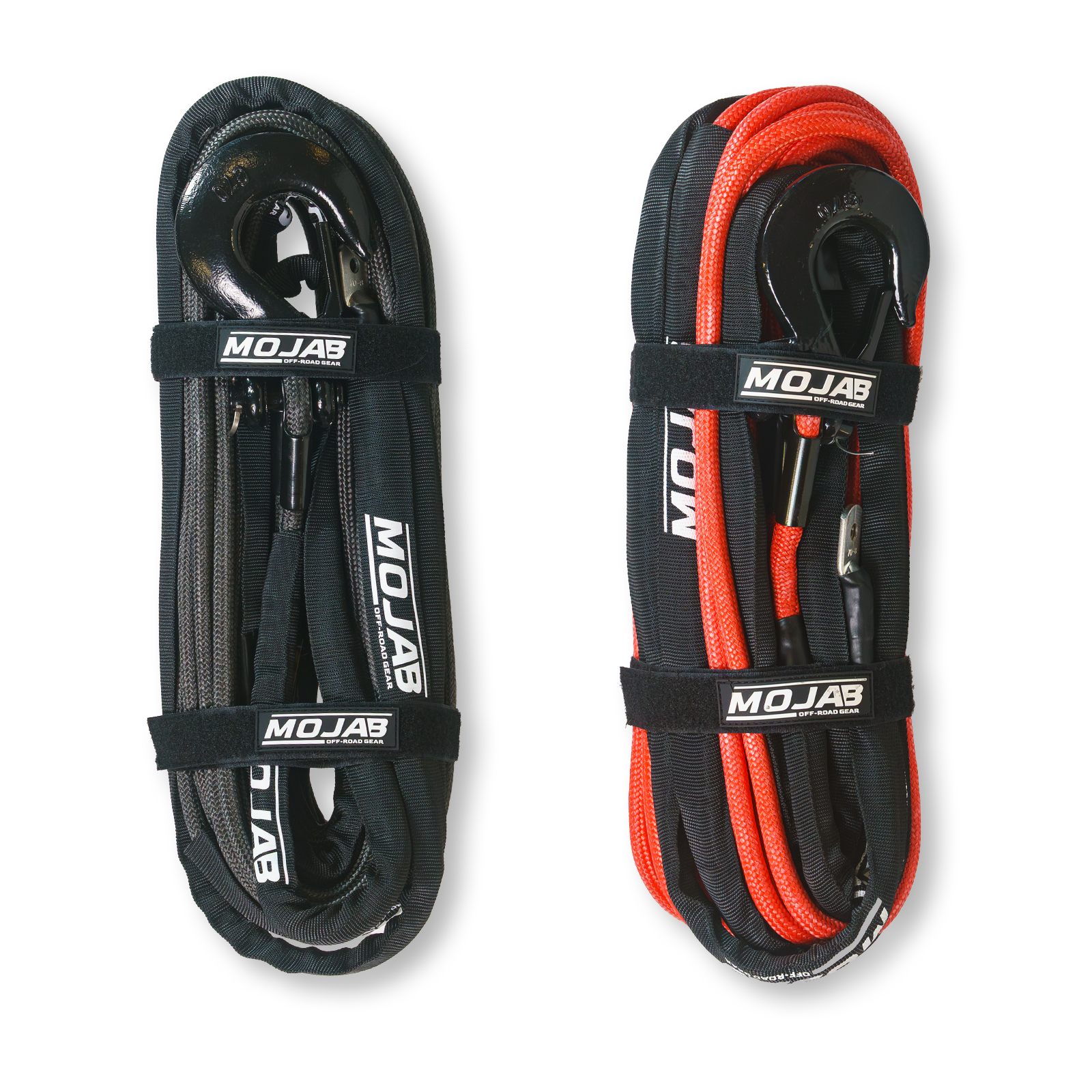 Red 3/8-inch by 85-foot double braided winch rope with removable forged hook, designed for off-road recovery and winching.