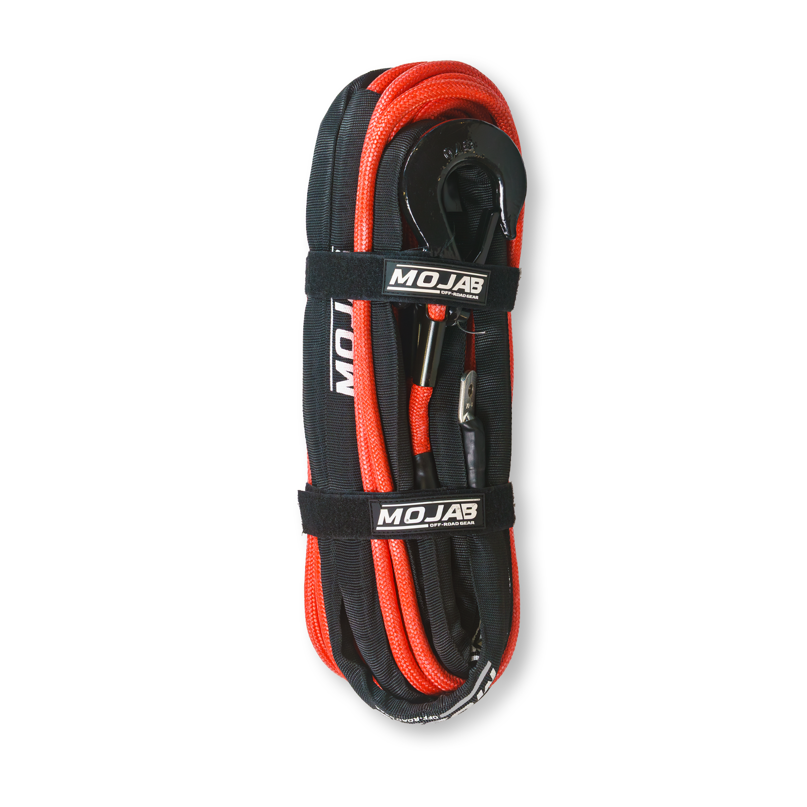 Red 3/8-inch by 85-foot double braided MOJAB OFFROAD winch rope with removable forged hook for heavy-duty pulling.