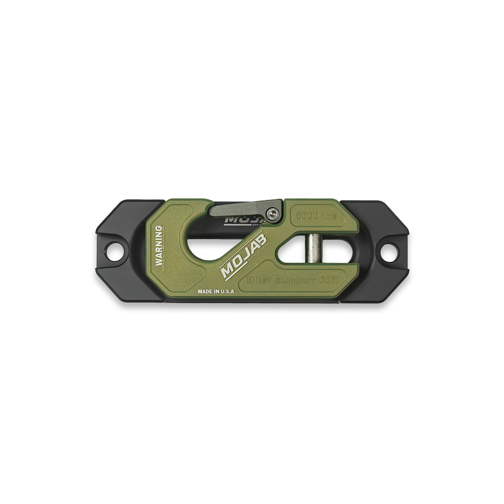 Red MOJAB OFFROAD side-by-side UTV aluminum recessed winch shackle with fairlead kit, durable and designed for off-road recovery.