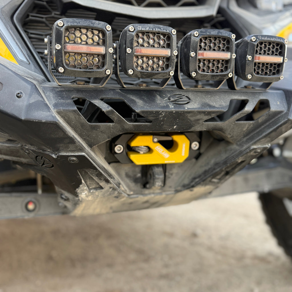 Red MOJAB OFFROAD side-by-side UTV aluminum recessed winch shackle with fairlead kit, durable and designed for off-road recovery.