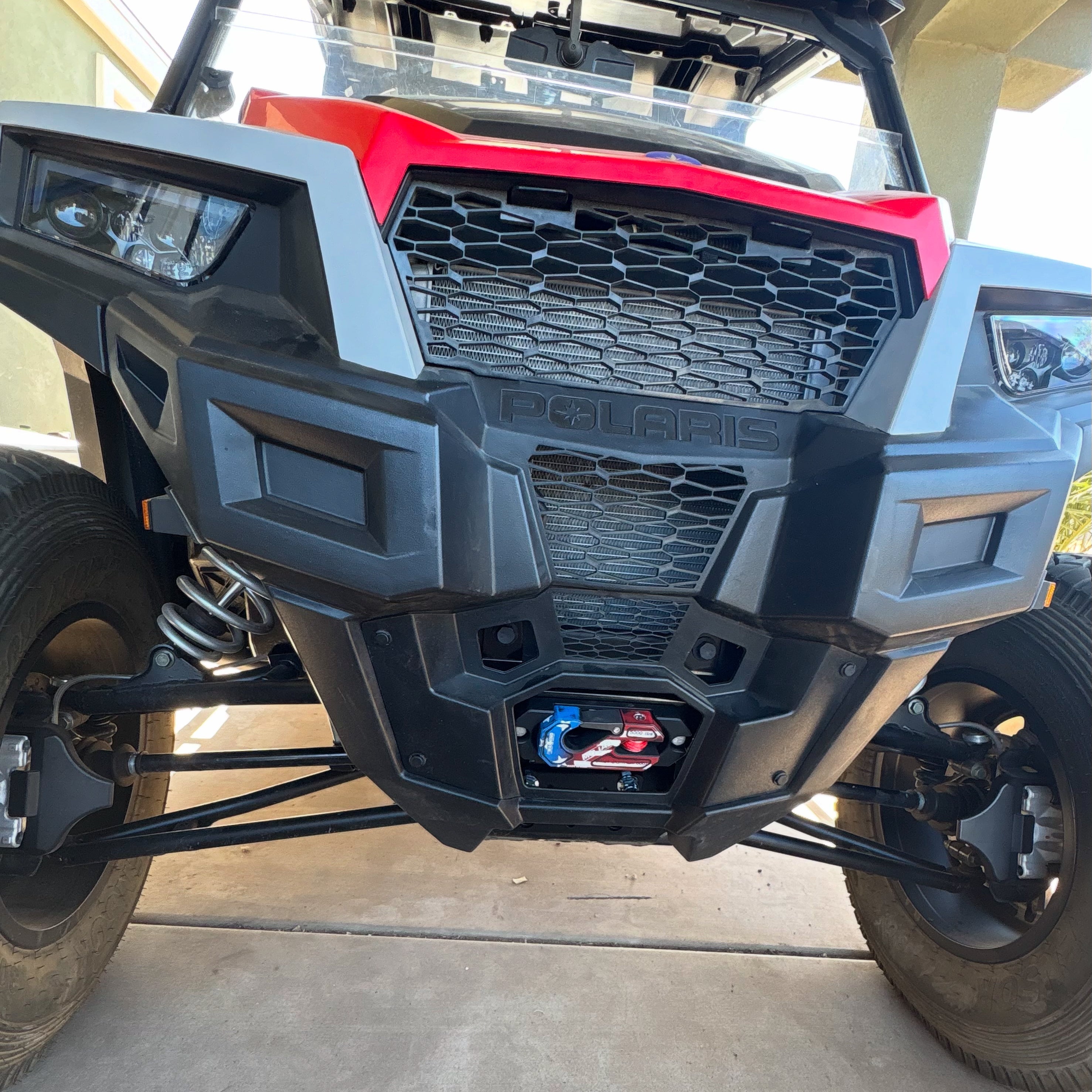 Red MOJAB OFFROAD side-by-side UTV aluminum recessed winch shackle with fairlead kit, durable and designed for off-road recovery.