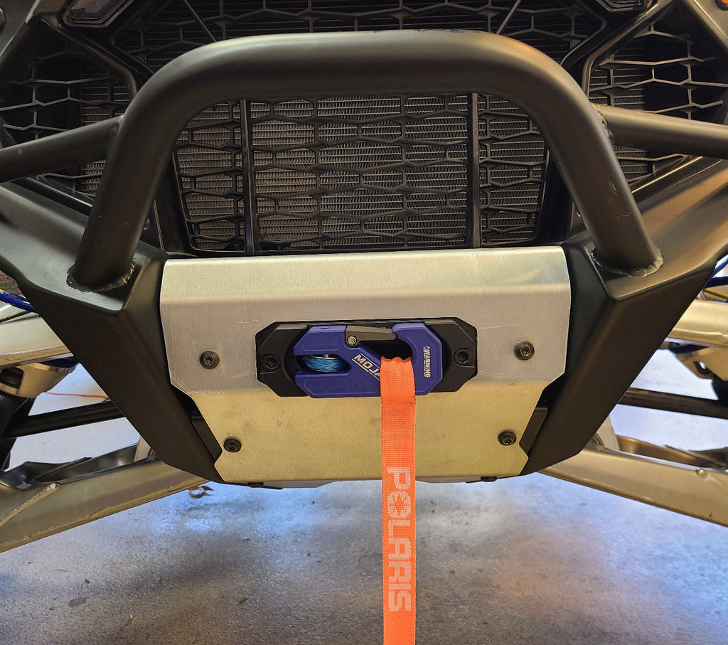 Red aluminum side-by-side UTV winch shackle with fairlead kit by MOJAB OFFROAD, designed for recessed mounting and durability.