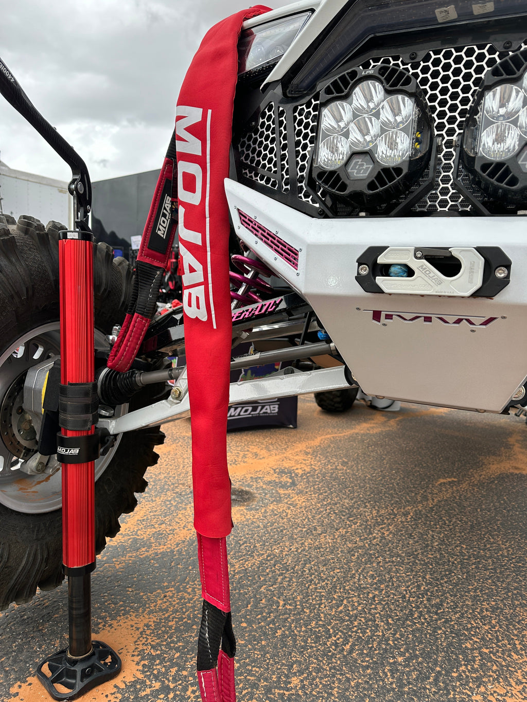 Red MOJAB OFFROAD side-by-side UTV aluminum recessed winch shackle with fairlead kit, durable and designed for off-road recovery.