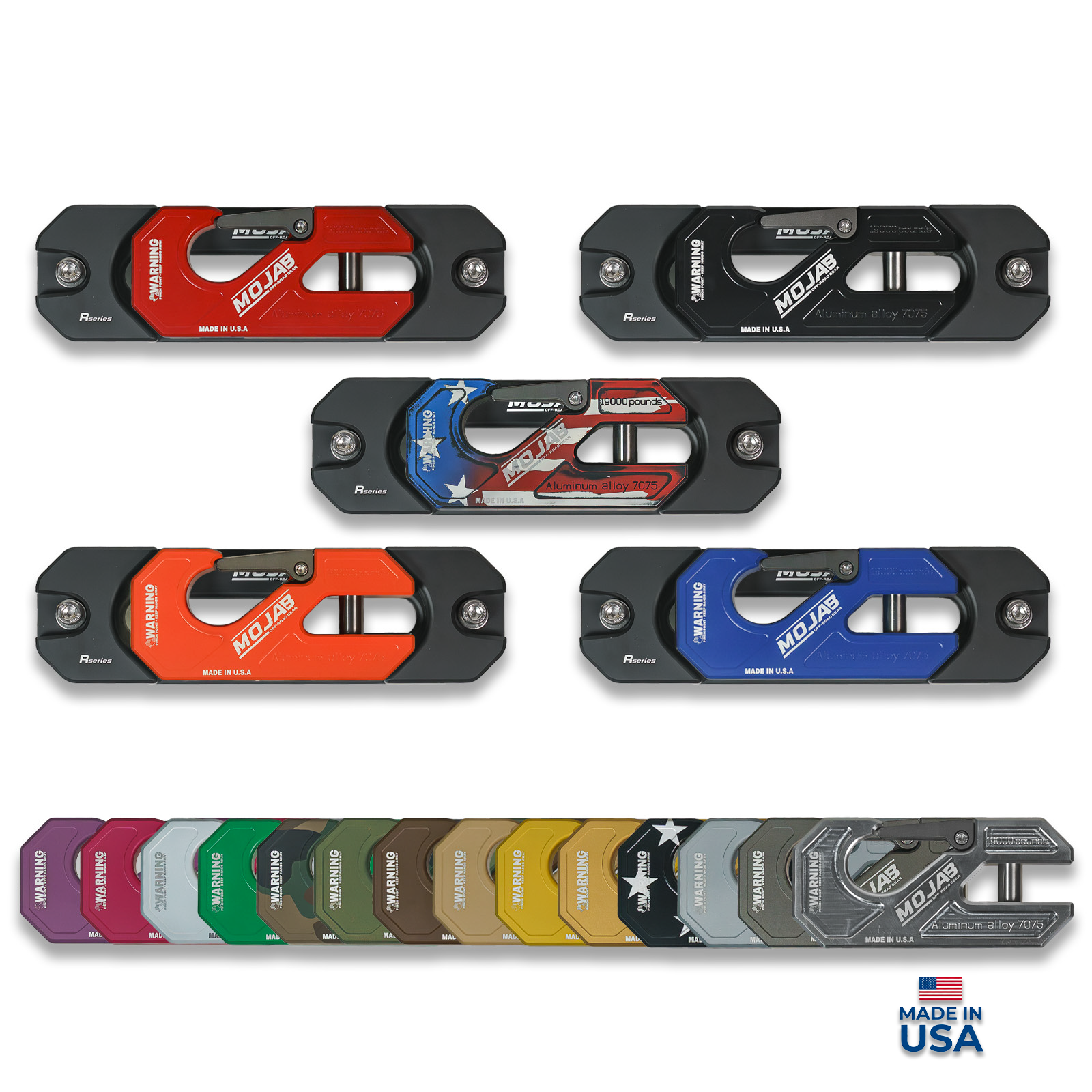 Yellow aluminum recessed winch shackle with fairlead kit by MOJAB OFFROAD, designed for heavy-duty vehicle recovery.