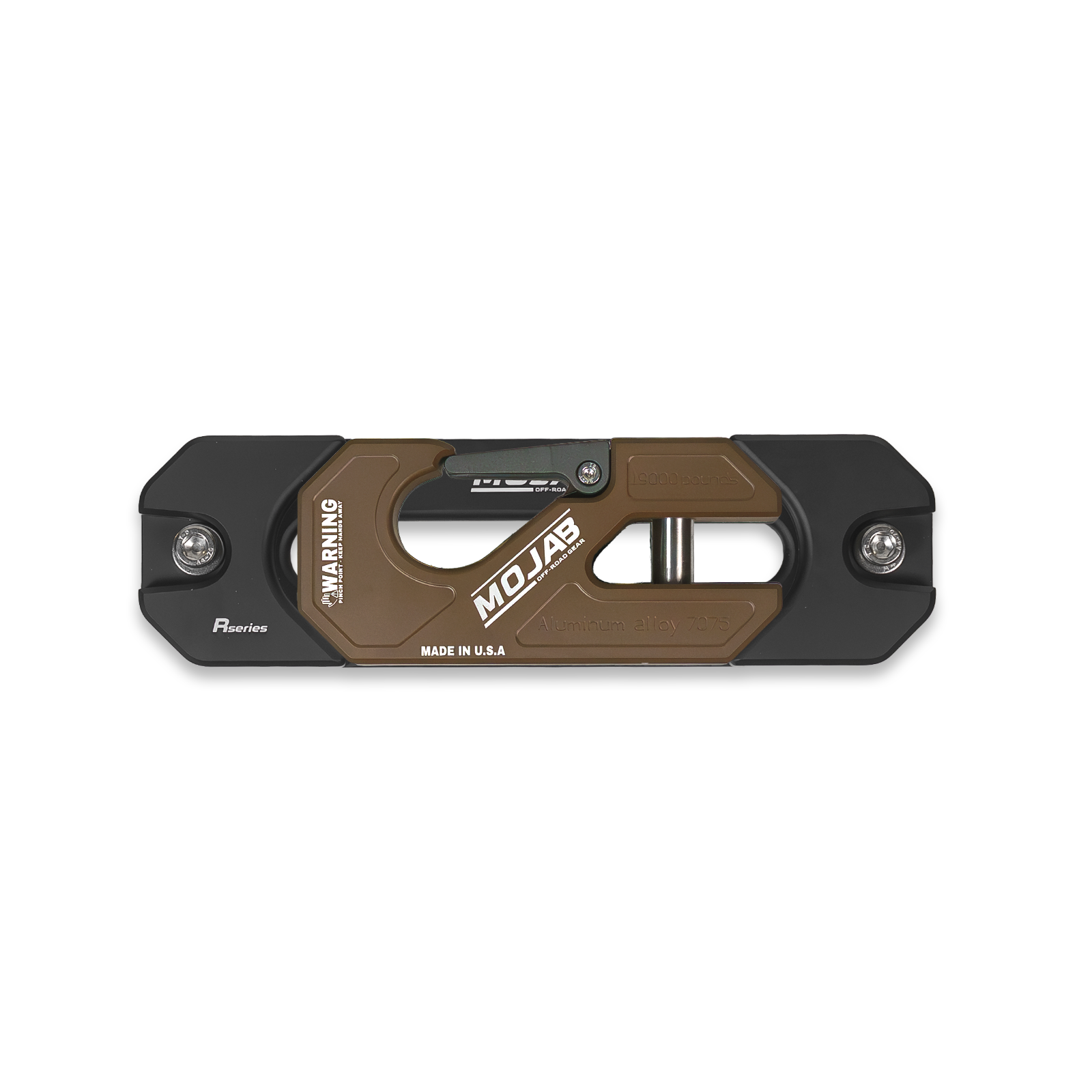 Yellow aluminum recessed winch shackle with fairlead kit from MOJAB OFFROAD, designed for off-road winching and recovery.