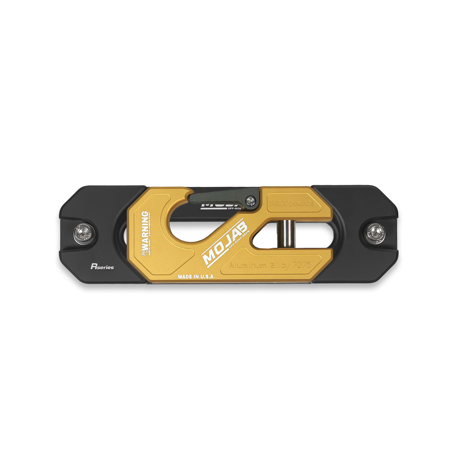 Yellow aluminum recessed winch shackle with fairlead kit from MOJAB OFFROAD, designed for heavy-duty off-road recovery.