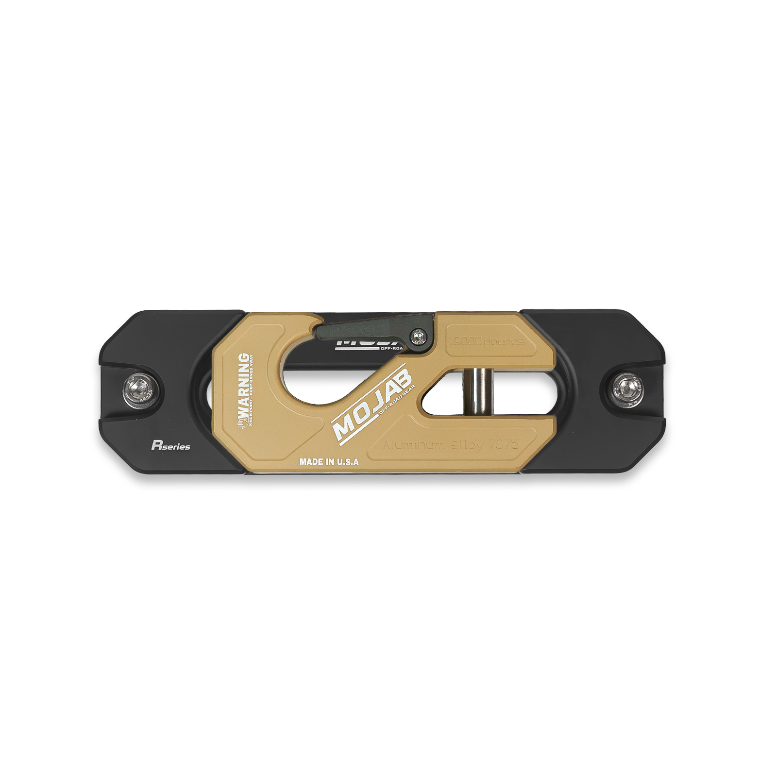 Yellow aluminum recessed winch shackle with fairlead kit from MOJAB OFFROAD, designed for off-road winching and recovery.