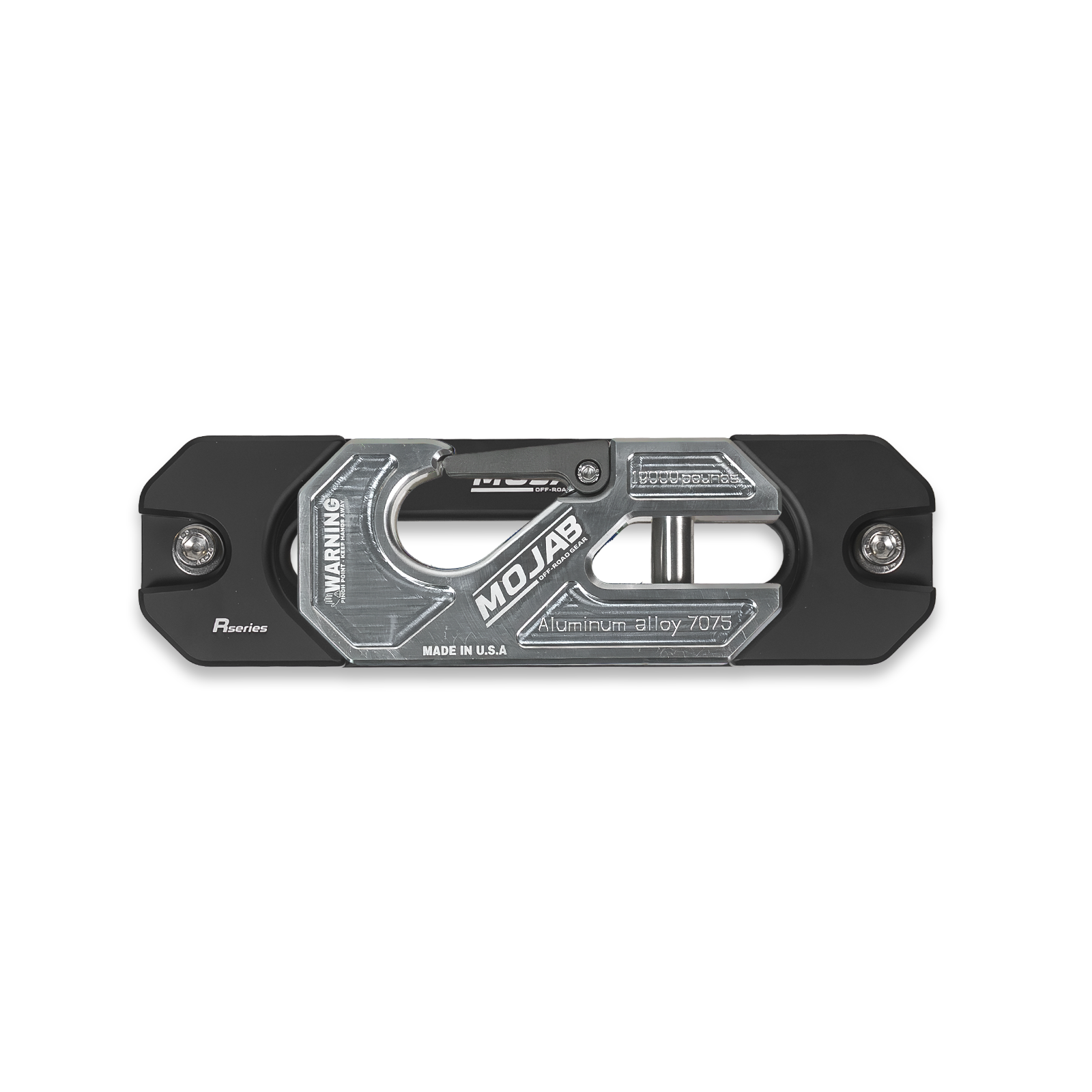 Yellow aluminum MOJAB OFFROAD recessed winch shackle with fairlead kit, designed for off-road winching, includes lifetime warranty